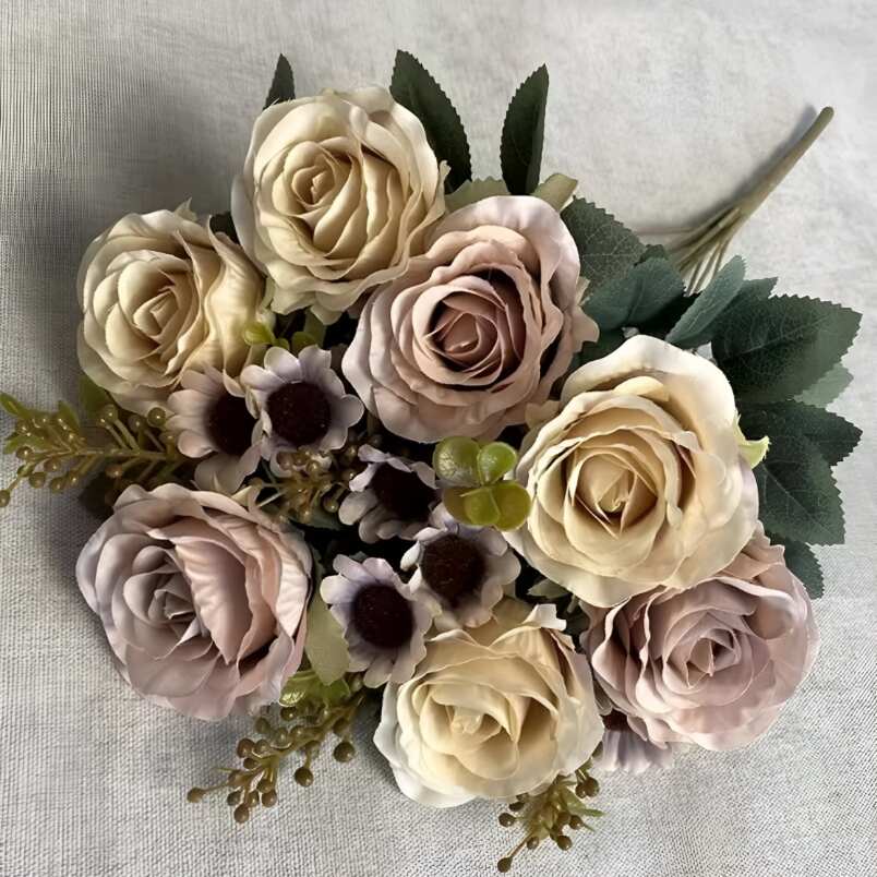 Light coffee faux roses for weddings bouquet with cream and soft brown artificial flowers by Huitich