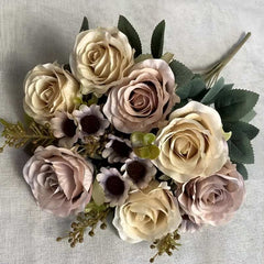 Light coffee faux roses for weddings bouquet with cream and soft brown artificial flowers by Huitich