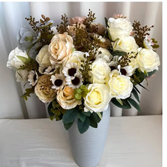 Huitich artificial floral arrangement with light coffee faux roses for weddings in white vase