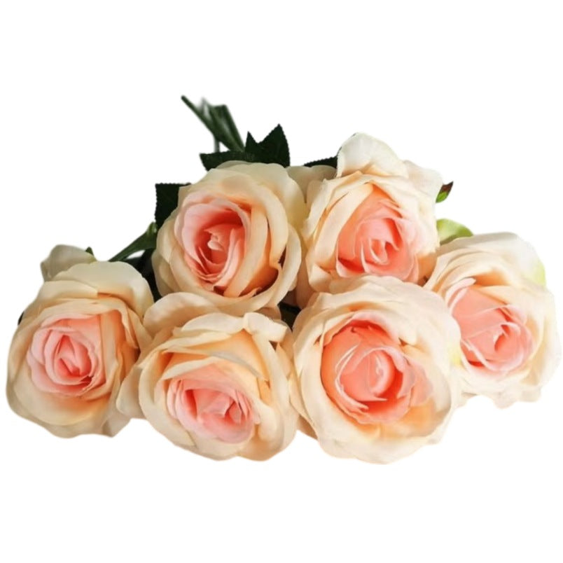 Huitich light pink faux roses arrangement with six delicate rose flowers and green leaves