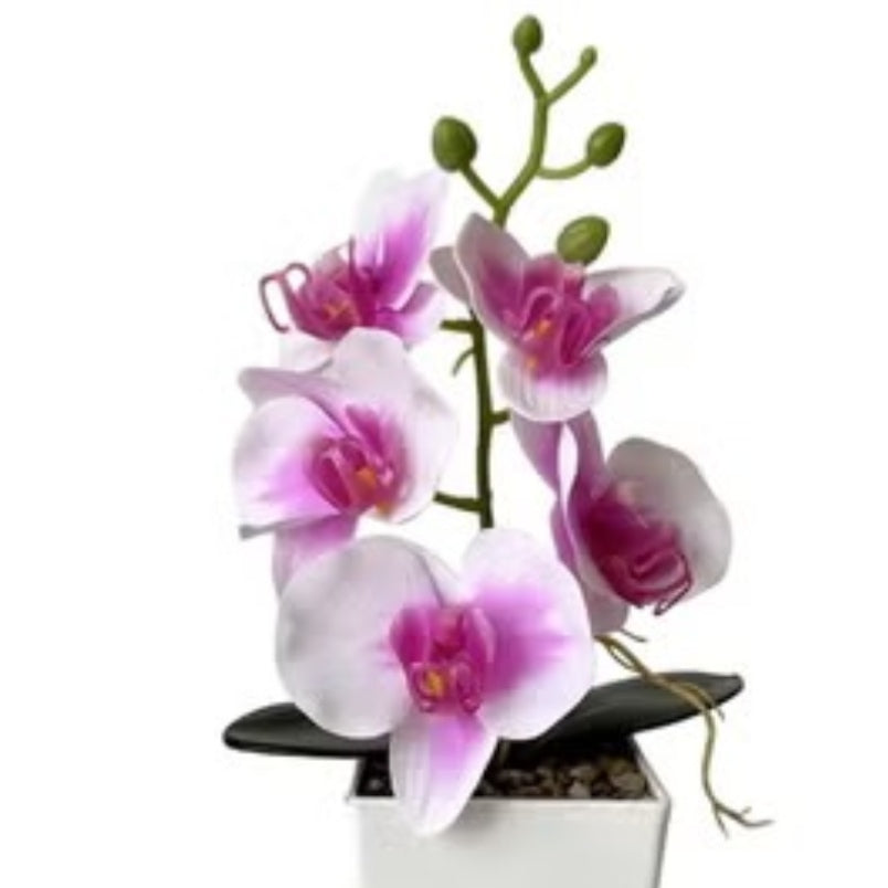 Huitich artificial light pink orchid flower arrangement in white pot for home decor