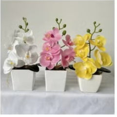 Huitich light pink orchid flower arrangement artificial flowers in white square pots with yellow and white orchids