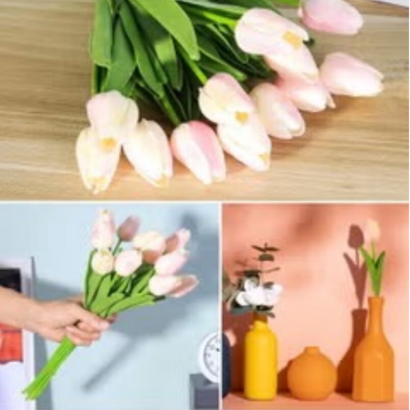 Light pink silk tulips bouquet by Huitich arranged on wood and held in hand with decorative vases