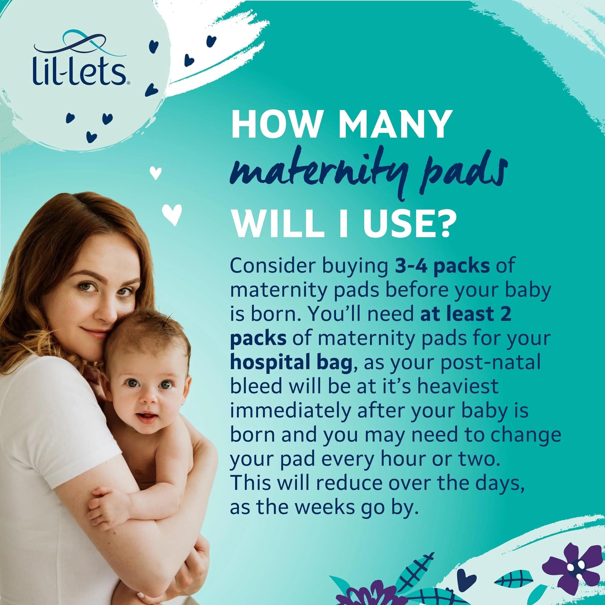 Maternity maxi sanitary pads with wings product info graphic, Lil-Lets logo