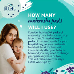 Maternity maxi sanitary pads with wings product info graphic, Lil-Lets logo