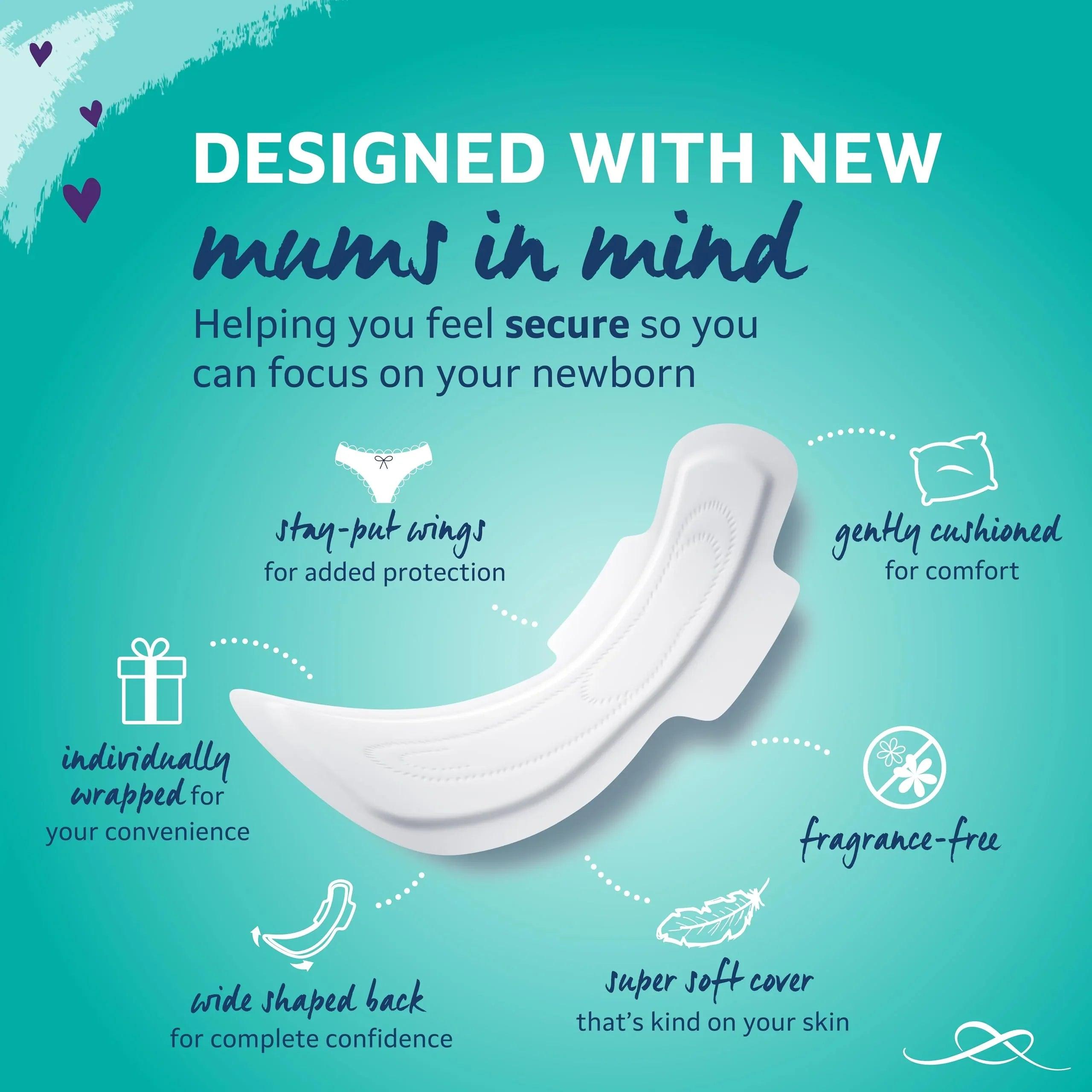 Maternity maxi sanitary pad with wings, wide back and gentle cushioning illustration