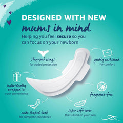 Maternity maxi sanitary pad with wings, wide back and gentle cushioning illustration