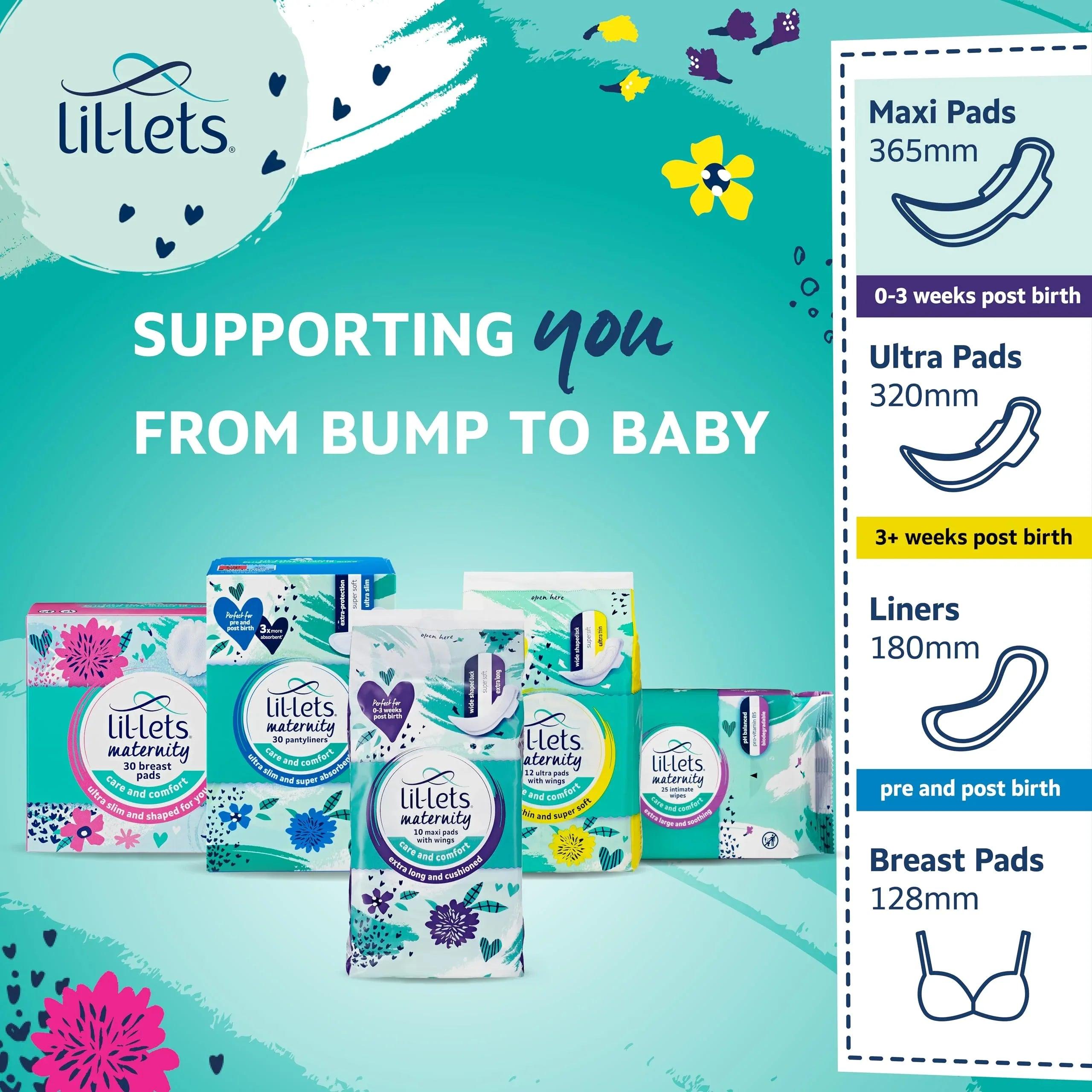 Maternity maxi pads product display with wings, plus ultra pads, liners, breast pads icons
