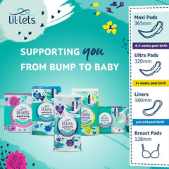 Maternity maxi pads product display with wings, plus ultra pads, liners, breast pads icons