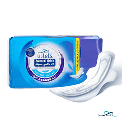 Lil lets 24 pack maxi thick night sanitary pads with wings blue packaging and two white pads shown