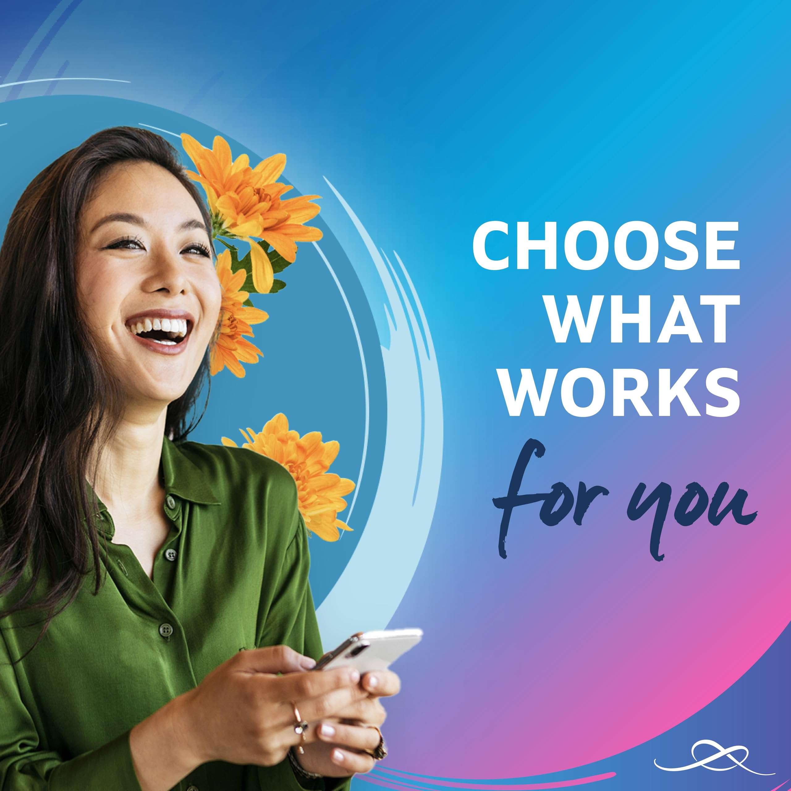 Smiling woman holding phone on blue floral background promotional image for maxi thick night sanitary pads