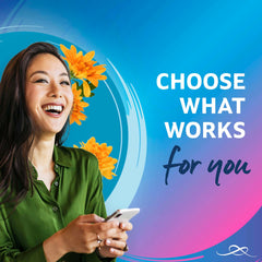 Smiling woman holding phone on blue floral background promotional image for maxi thick night sanitary pads