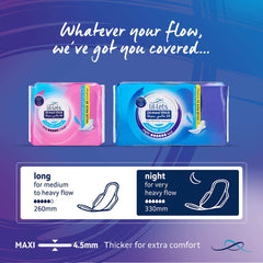 Lillets packaging with pink long and blue maxi thick night sanitary pads 330mm extra absorbent night pad