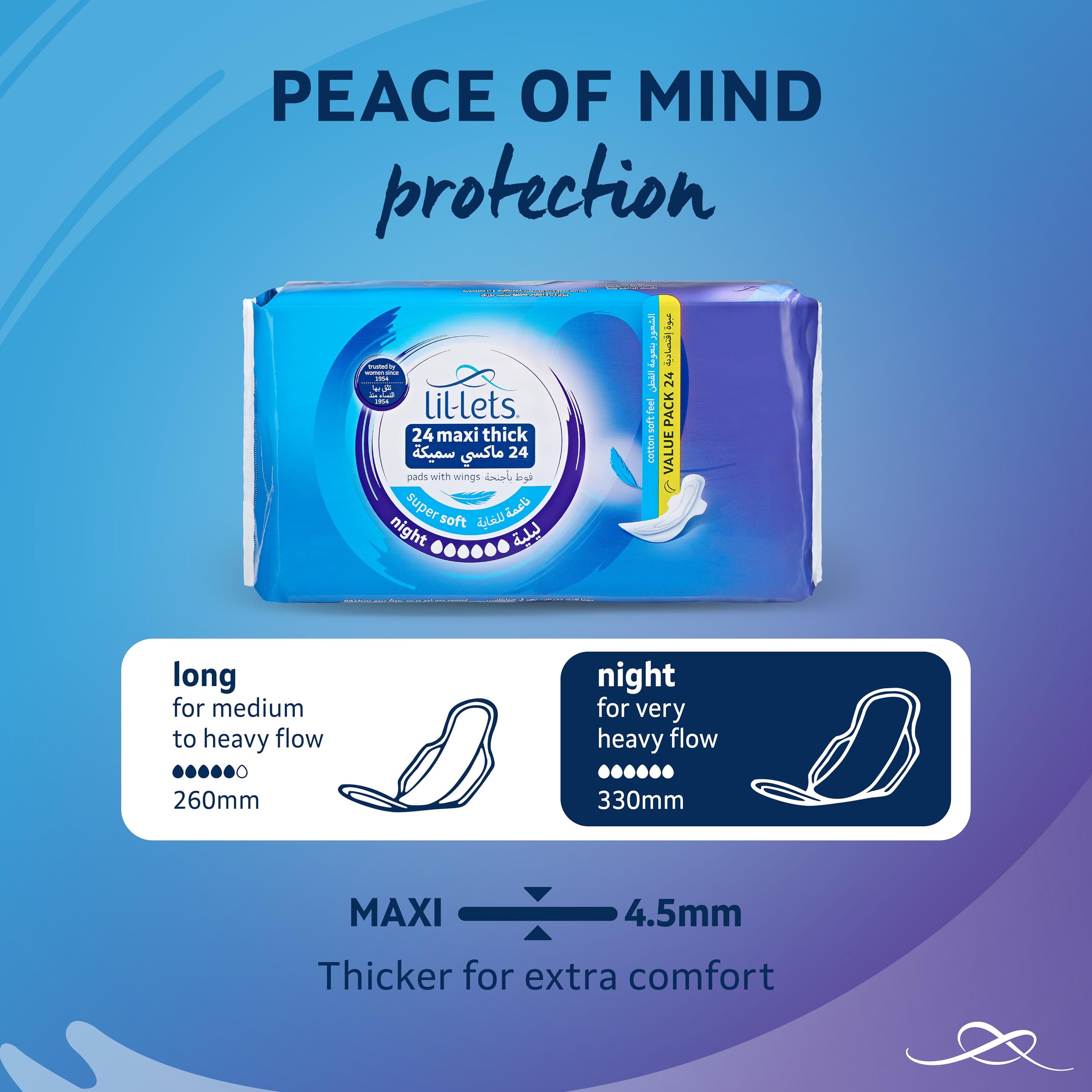 Blue Lil lets pack of 24 maxi thick night sanitary pads showing night and long size info