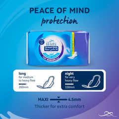 Blue Lil lets pack of 24 maxi thick night sanitary pads showing night and long size info