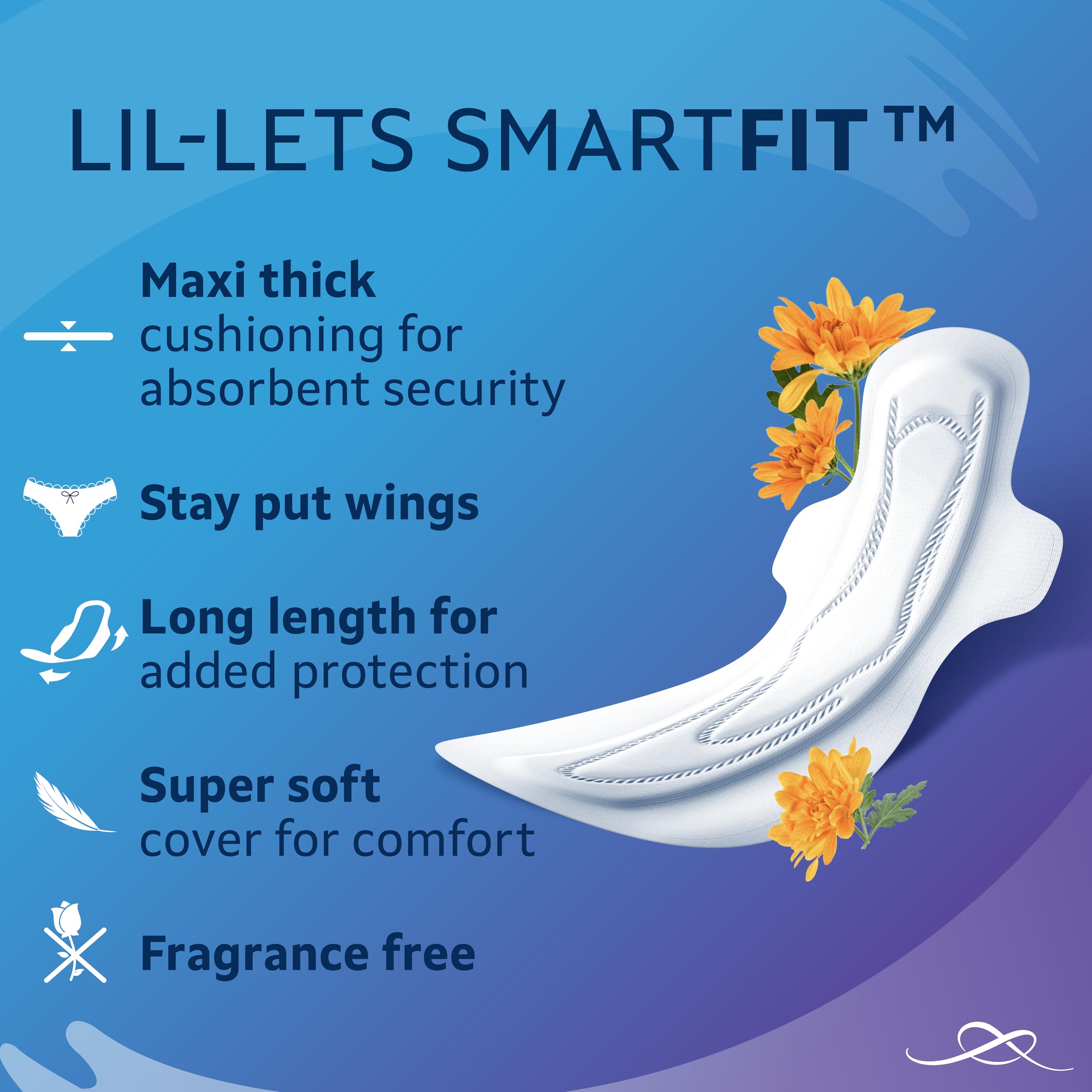 Lil lets SmartFit maxi thick night sanitary pads long length with wings white pad super soft cover fragrance free
