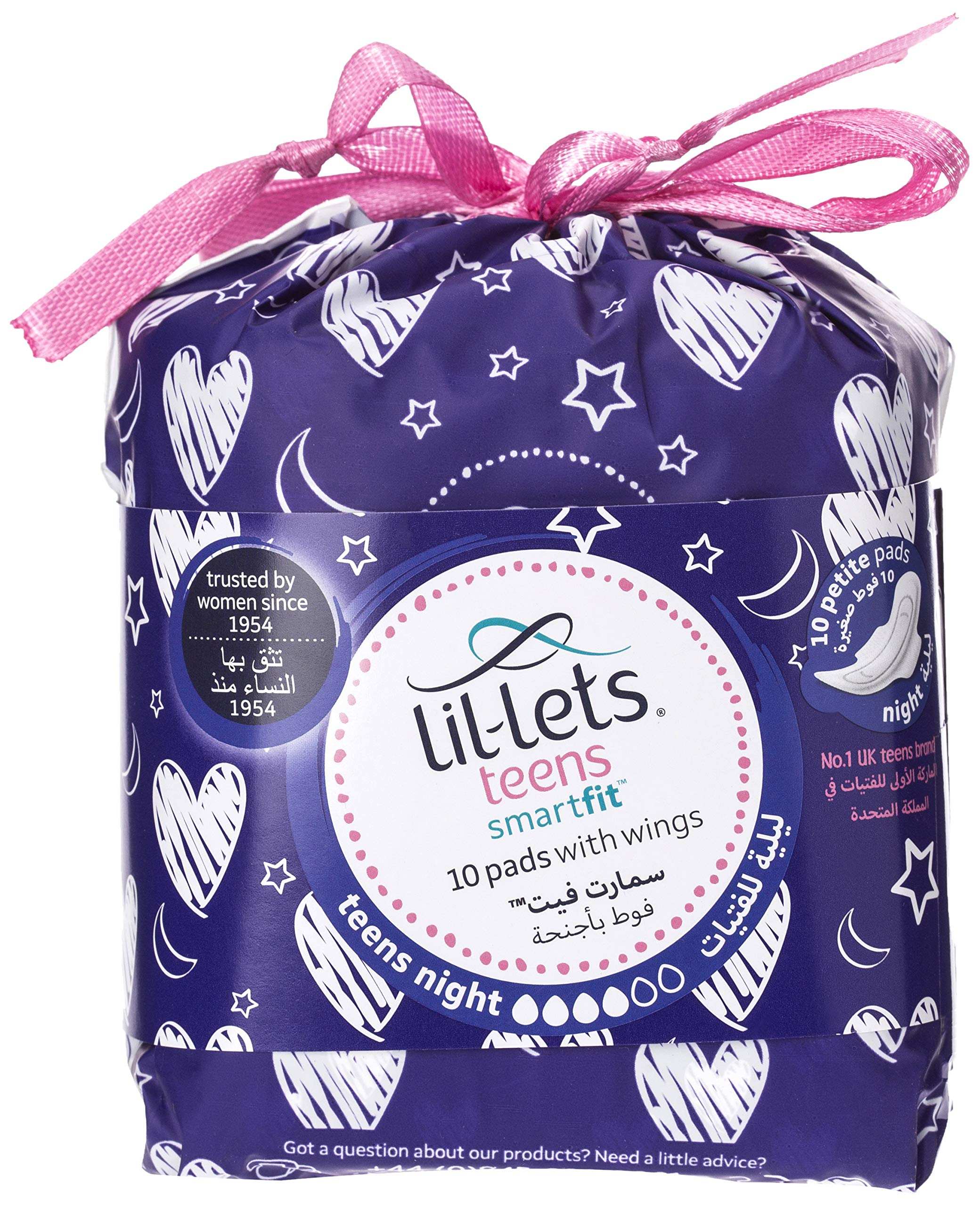 Purple Lil lets teens smartfit 10 pack with pink ribbon heart moon star print packaging teen night pads with wings