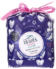 Purple Lil lets teens smartfit 10 pack with pink ribbon heart moon star print packaging teen night pads with wings