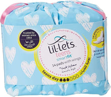 Lil-lets teen day pads with wings pack, light blue with hearts and Lil-lets logo