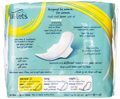 Lil lets packaging showing ultra thin sanitary pads with wings illustration and size guide