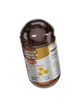 Omega-3 fish oil supplement bottle with back label, side view
