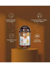 Omega-3 fish oil bottle with vitamin D3 callouts and health icons