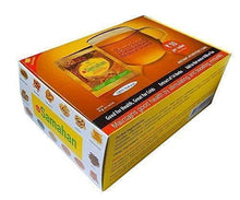 Instant ayurvedic sachet box, orange and gold with front label and cup graphic