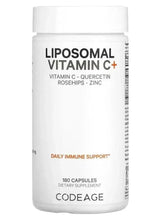 White supplement bottle with black label, liposomal vitamin C+ quercetin and zinc