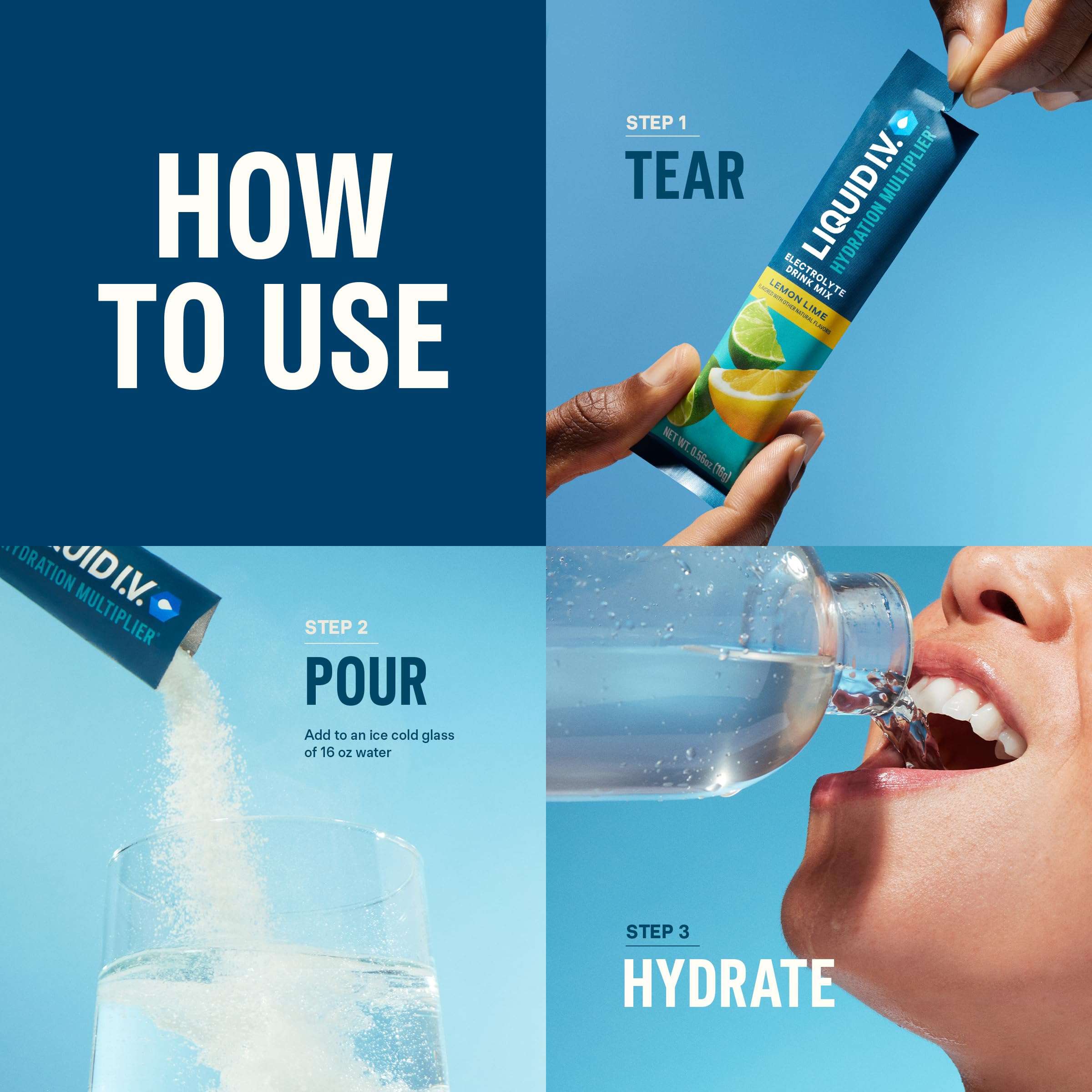 Liquid IV hydration powder drink mix lemon sachet torn poured into glass then person drinking to hydrate