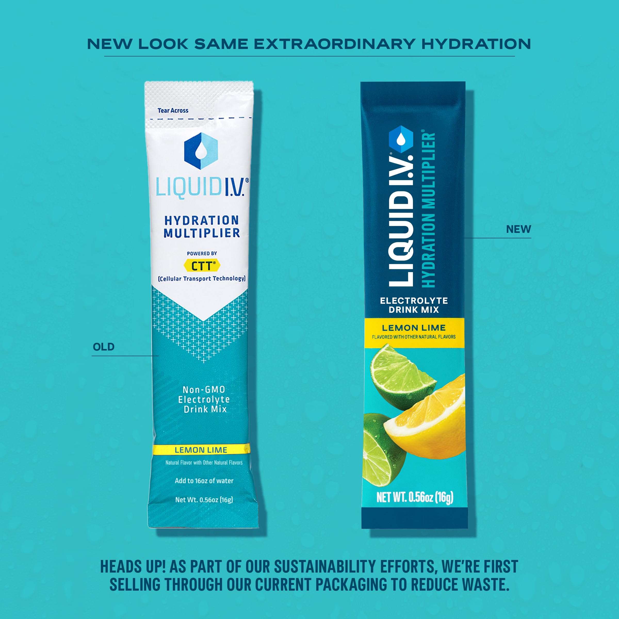 Liquid IV hydration powder drink mix lemon stick packets showing new and old lemon lime packaging