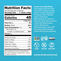 Liquid I V nutrition facts and Lemon Lime ingredients panel for hydration powder drink mix lemon showing 45 calories vegan