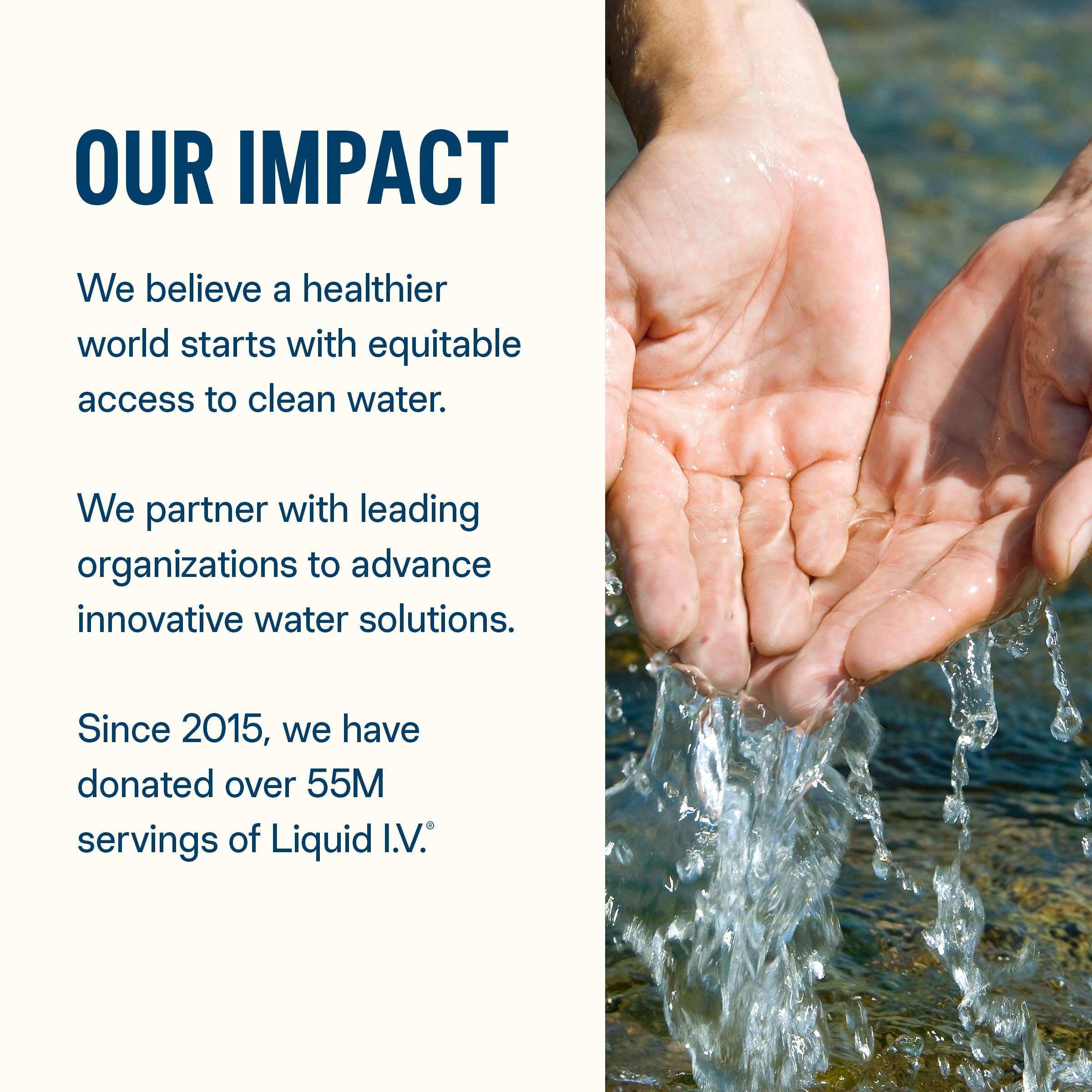 Liquid I V impact graphic with hands scooping water beside text about clean water access and hydration powder drink mix lemon