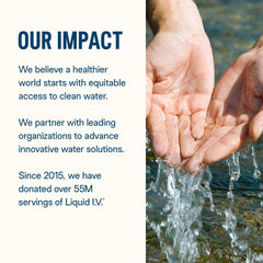 Liquid I V impact graphic with hands scooping water beside text about clean water access and hydration powder drink mix lemon