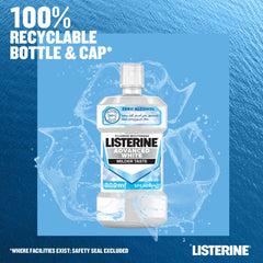 Listerine Advanced White Mouthwash bottle on blue background highlighting zero alcohol and 100 percent recyclable bottle and cap