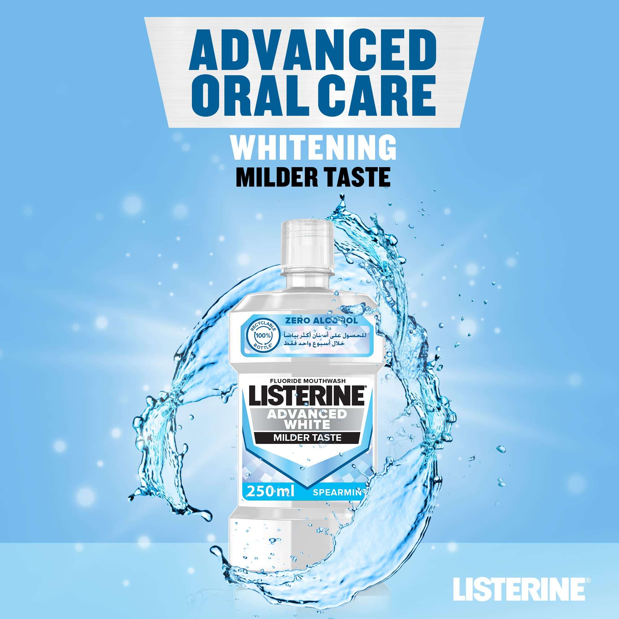 Listerine Advanced White Mouthwash bottle on blue background with water splash spearmint whitening milder taste signage