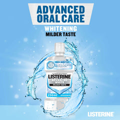 Listerine Advanced White Mouthwash bottle on blue background with water splash spearmint whitening milder taste signage