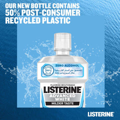 Listerine Advanced White Mouthwash bottle front showing zero alcohol fluoride formula milder taste and recycled plastic message