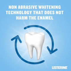 Listerine Advanced White Mouthwash ad showing non abrasive whitening technology tooth graphic and enamel protection