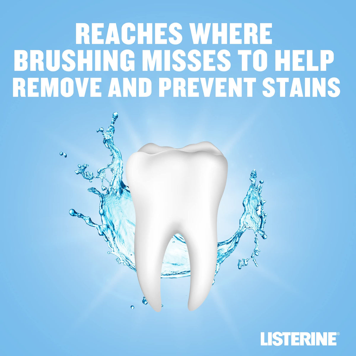 Listerine Advanced White Mouthwash promotional image showing a white tooth with water splash and slogan
