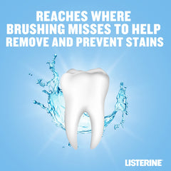 Listerine Advanced White Mouthwash promotional image showing a white tooth with water splash and slogan