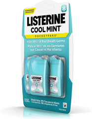 Listerine Cool Mint breath strips. Three teal Pocketpaks blister packs 72 strips kills 99 percent of bad breath germs