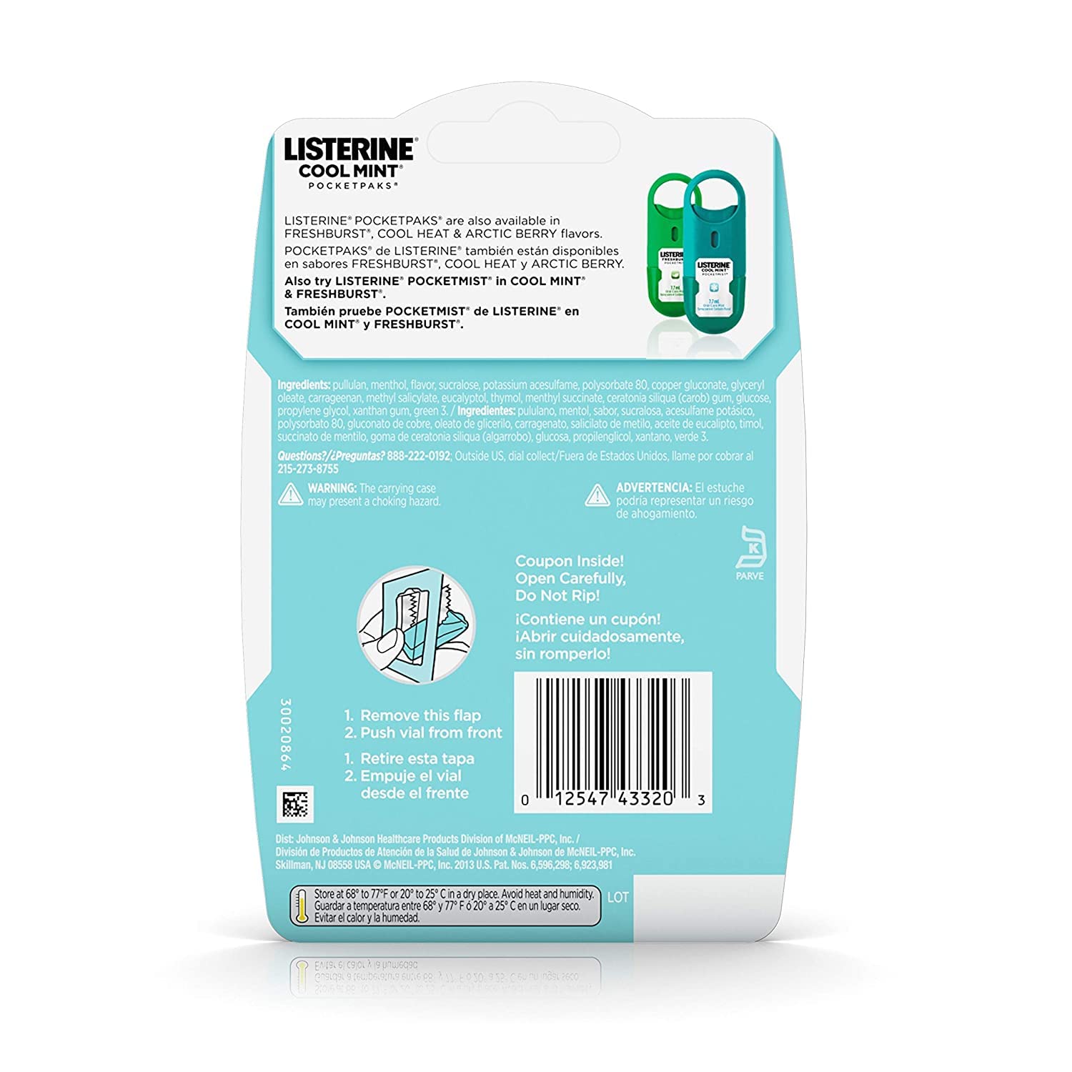 Back of Listerine Cool Mint breath strips. Aqua pocket pack showing instructions barcode and coupon