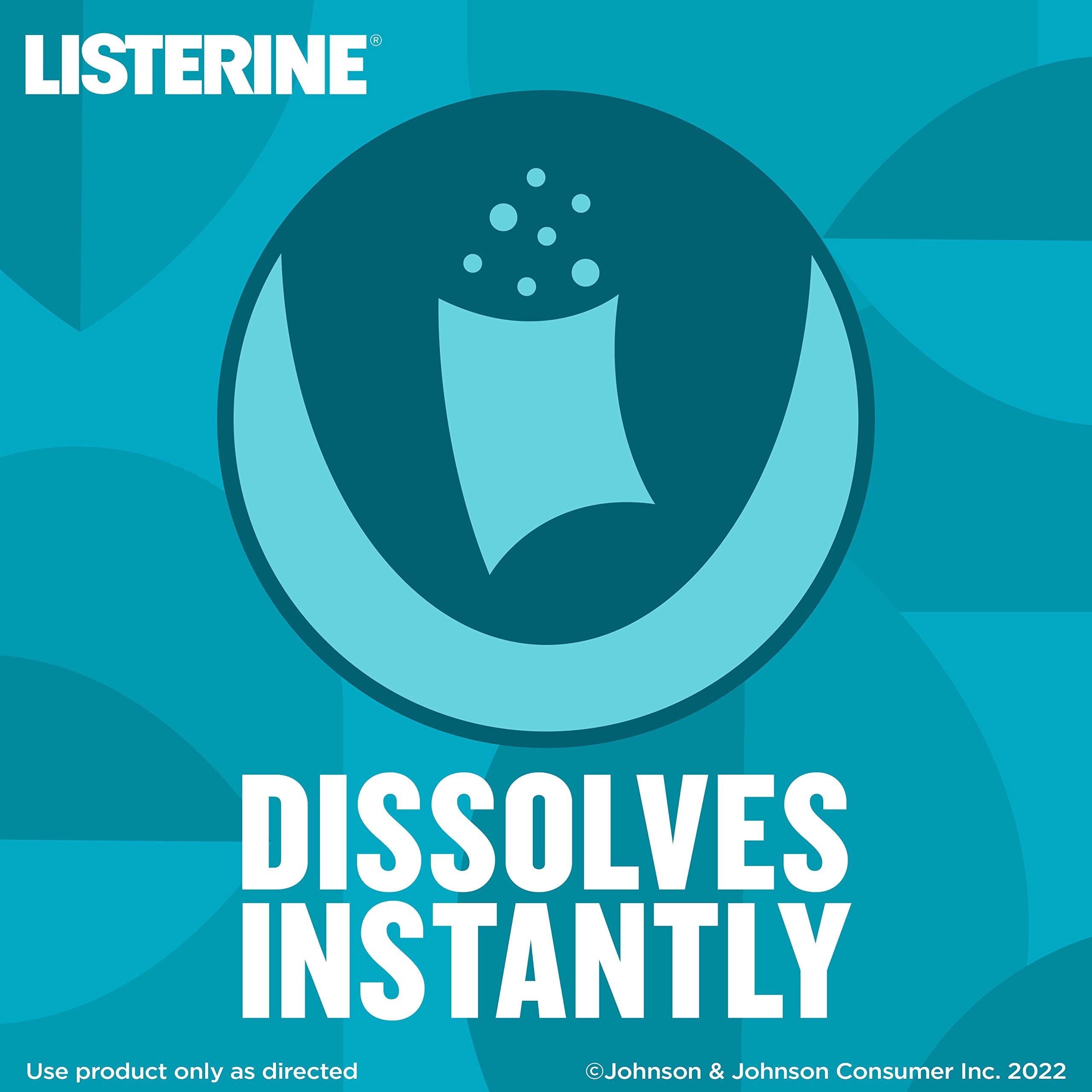 Listerine Cool Mint Breath Strips product graphic with dissolving strip icon and DISSOLVES INSTANTLY text