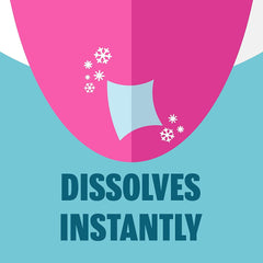 Listerine Cool Mint breath strips dissolving on a tongue with snowflake icons and DISSOLVES INSTANTLY text
