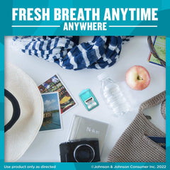 Travel flat lay with hat camera water bottle apple bag and pack of Listerine Cool Mint Breath Strips