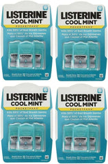 Four Listerine Cool Mint breath strips pocketpaks blister packs showing mint flavored strips in teal packaging