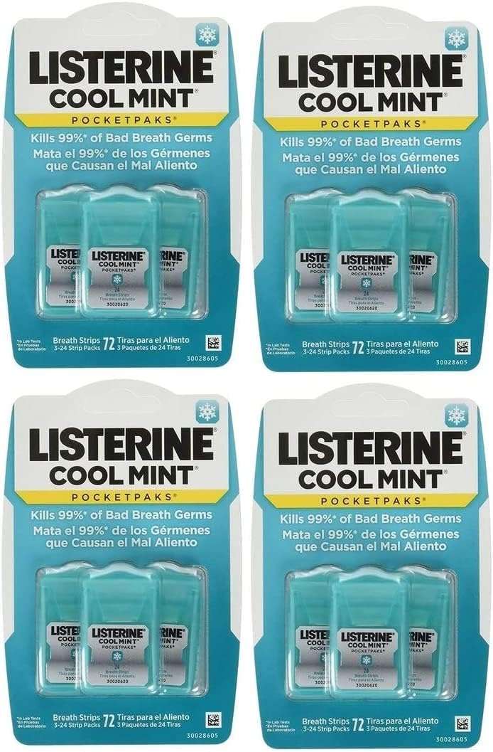 Four Listerine Cool Mint breath strips PocketPaks in blue blister packs showing individual strip cases for fresh mint breath