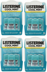 Four Listerine Cool Mint breath strips PocketPaks in blue blister packs showing individual strip cases for fresh mint breath