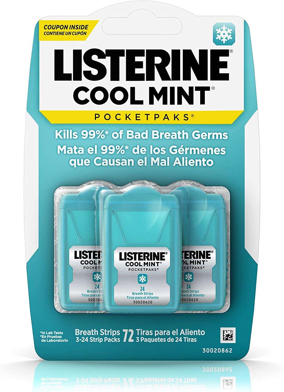 Triple pack of Listerine Cool Mint breath strips Pocketpaks turquoise cases kills 99 percent of bad breath germs