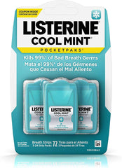 Triple pack of Listerine Cool Mint breath strips Pocketpaks turquoise cases kills 99 percent of bad breath germs